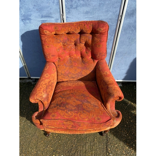 314 - Antique Mulberry upholstered English armchair. 

Dimensions - 32