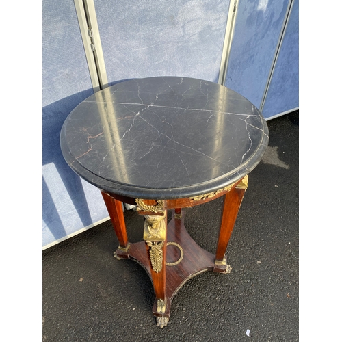 339 - A pair of French Empire Style hardwood and ormolu mounted circular tables, the black moulded marble ... 