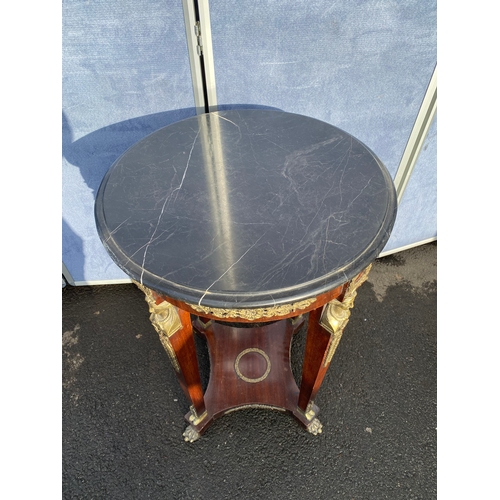 339 - A pair of French Empire Style hardwood and ormolu mounted circular tables, the black moulded marble ... 