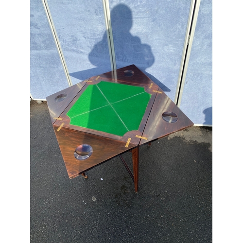 340 - 19th century Rosewood and strung envelope card table with h9inged moulded edge top with scrolling fo... 