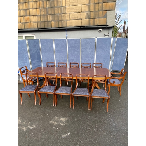 348 - Large vintage yew wood extendable dining table and twelve chairs. 

Please see images for all dimens... 