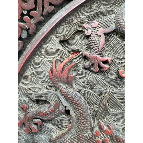 3 - 19th century Chinese Cinnabar plate / charger with Chinese dragon carvings, this plate bares a gilt ... 