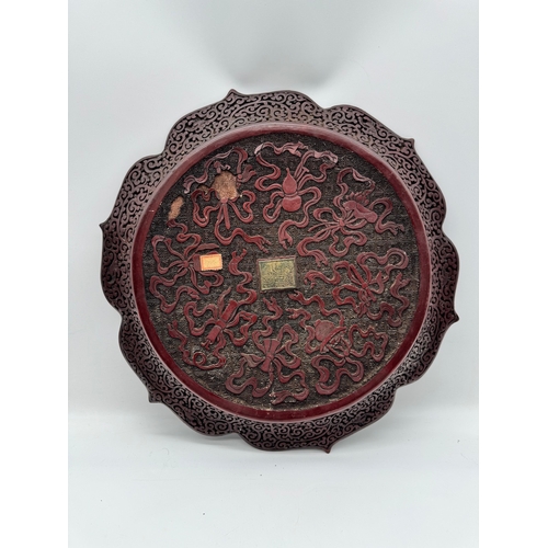 3 - 19th century Chinese Cinnabar plate / charger with Chinese dragon carvings, this plate bares a gilt ... 