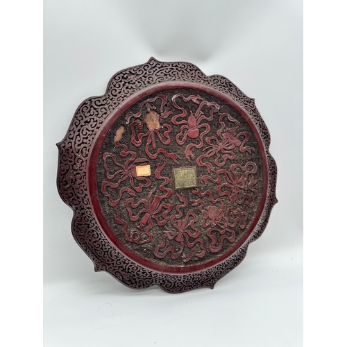 3 - 19th century Chinese Cinnabar plate / charger with Chinese dragon carvings, this plate bares a gilt ... 