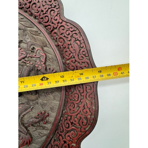 3 - 19th century Chinese Cinnabar plate / charger with Chinese dragon carvings, this plate bares a gilt ... 