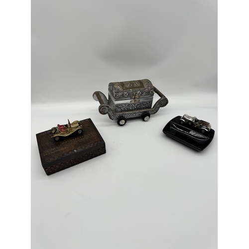 8 - Vintage metal embossed trinket box / carriage , Lesney Car ceramic ashtray + wood box with car