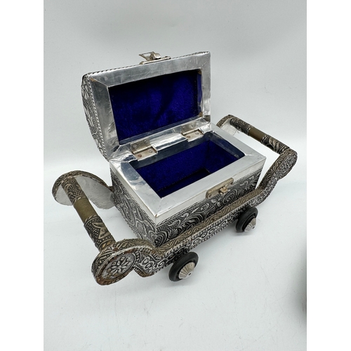 8 - Vintage metal embossed trinket box / carriage , Lesney Car ceramic ashtray + wood box with car