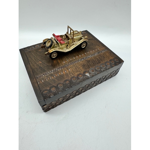 8 - Vintage metal embossed trinket box / carriage , Lesney Car ceramic ashtray + wood box with car