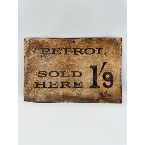 11 - Original Vintage early 20th century hand-painted Petrol Sold Here sign on fiberboard - 45cm x 30cm