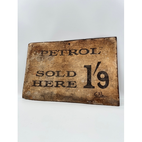 11 - Original Vintage early 20th century hand-painted Petrol Sold Here sign on fiberboard - 45cm x 30cm