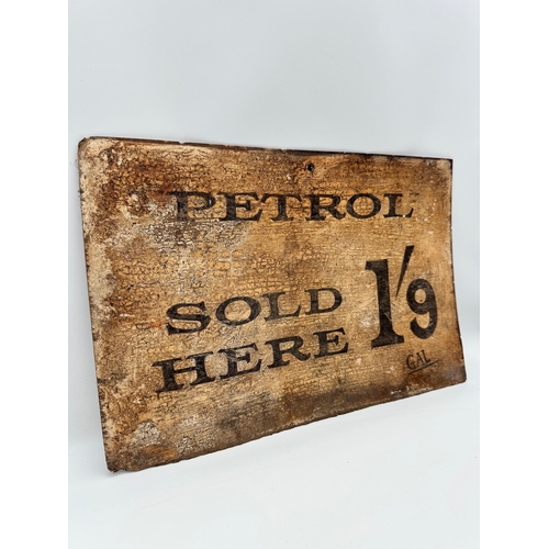 11 - Original Vintage early 20th century hand-painted Petrol Sold Here sign on fiberboard - 45cm x 30cm