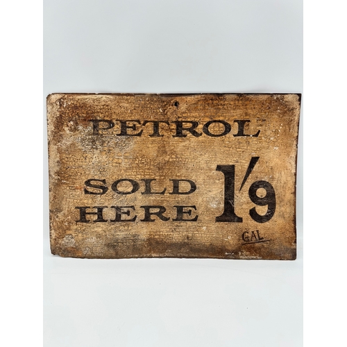 11 - Original Vintage early 20th century hand-painted Petrol Sold Here sign on fiberboard - 45cm x 30cm