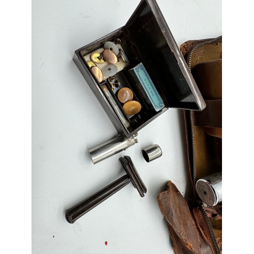 13 - Early 20th century Men's  Wet Shaving Grooming / travel complete with stamps / cufflinks etc - A/F