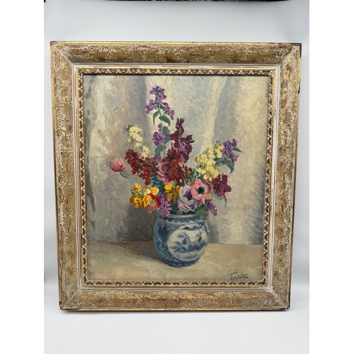 14 - Original 20th century oil on canvas still life of blue and white vase and flowers signed bottom righ... 