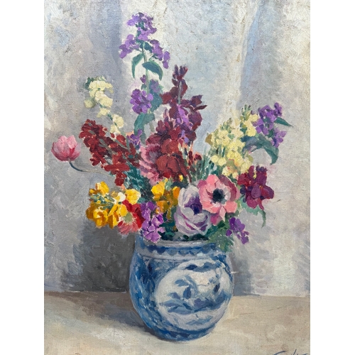 14 - Original 20th century oil on canvas still life of blue and white vase and flowers signed bottom righ... 