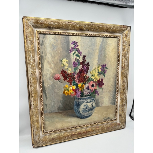 14 - Original 20th century oil on canvas still life of blue and white vase and flowers signed bottom righ... 