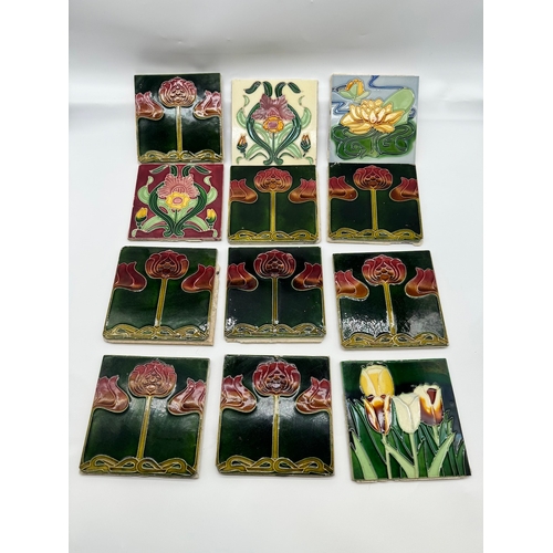 17 - Twelve Art Nouveau Fireplace Tiles c1900 Raised Majolica design 6 x 6