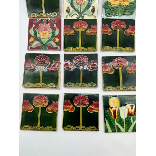 17 - Twelve Art Nouveau Fireplace Tiles c1900 Raised Majolica design 6 x 6