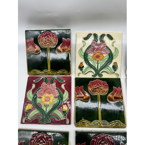 17 - Twelve Art Nouveau Fireplace Tiles c1900 Raised Majolica design 6 x 6