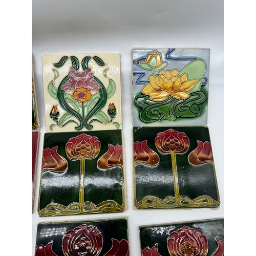 17 - Twelve Art Nouveau Fireplace Tiles c1900 Raised Majolica design 6 x 6