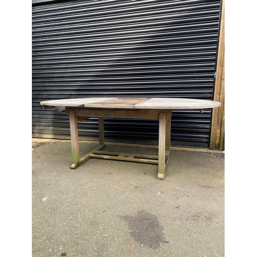 380 - Extendable teak oval garden table. 

Please see images for dimensions.