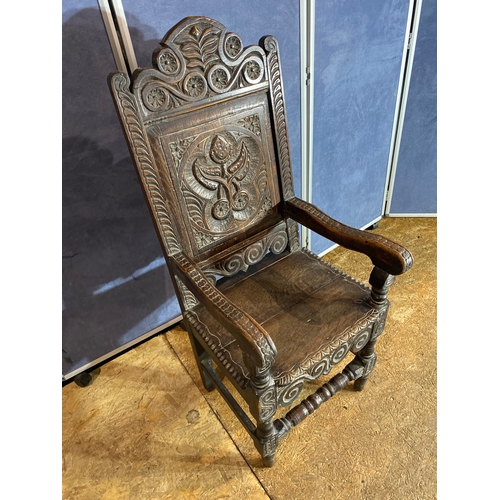 386 - Early 19th Century carved Oak Wainscot Armchair. 

Dimensions - 20