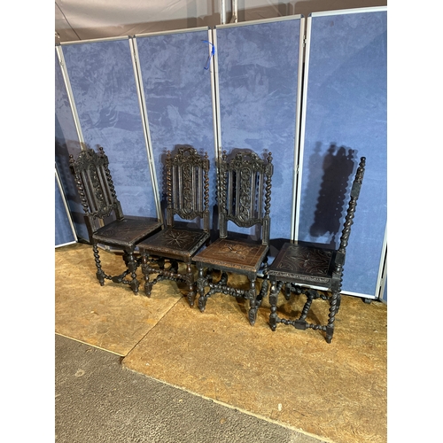 387 - A set of four late victorian antique oak decorative carved barley twist hall / dining chairs. 

Dime... 