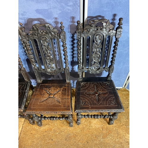 387 - A set of four late victorian antique oak decorative carved barley twist hall / dining chairs. 

Dime... 