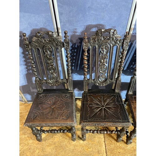 387 - A set of four late victorian antique oak decorative carved barley twist hall / dining chairs. 

Dime... 