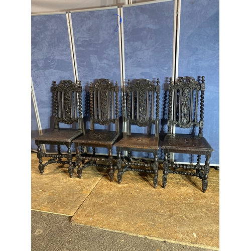 387 - A set of four late victorian antique oak decorative carved barley twist hall / dining chairs. 

Dime... 