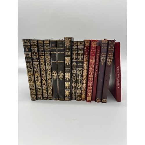 22 - 15 Leather bound novels by various authors incluing Rudyard Kipling, R L Stevenson, John galsworthy ... 