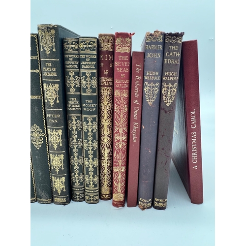 22 - 15 Leather bound novels by various authors incluing Rudyard Kipling, R L Stevenson, John galsworthy ... 