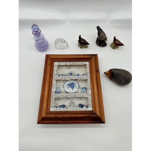 47 - Collection of glasswares, Beswick & Poole bird figurines + framed  miniatures blue & white ceramics