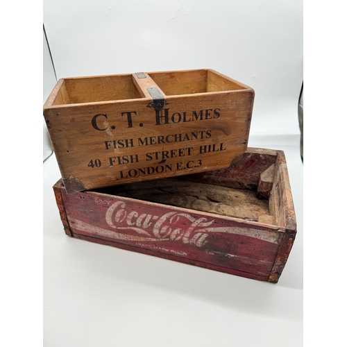 49 - Vintage Coca Cola Wooden Bootle Tray + C T Holmes Fish Merchants Wooden Box