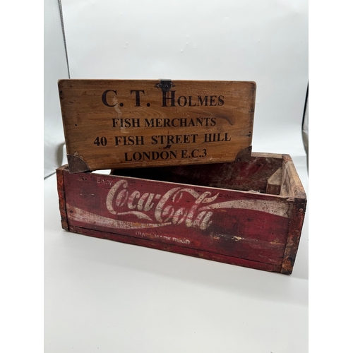 49 - Vintage Coca Cola Wooden Bootle Tray + C T Holmes Fish Merchants Wooden Box