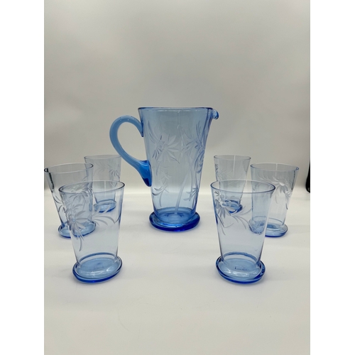 55 - Blue Etched Glass Water Jug + 6 tumblers