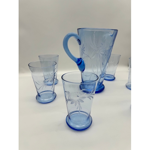 55 - Blue Etched Glass Water Jug + 6 tumblers