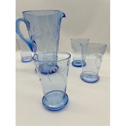 55 - Blue Etched Glass Water Jug + 6 tumblers