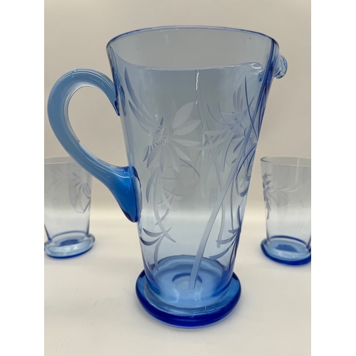 55 - Blue Etched Glass Water Jug + 6 tumblers