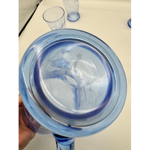 55 - Blue Etched Glass Water Jug + 6 tumblers