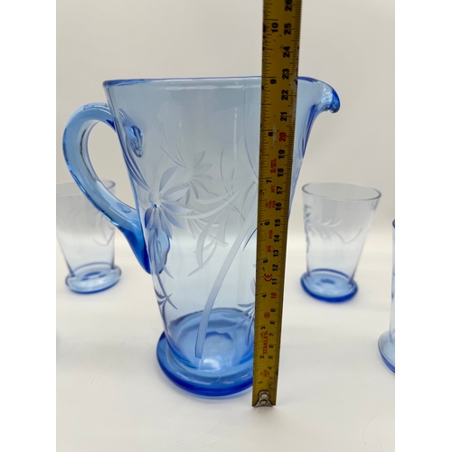 55 - Blue Etched Glass Water Jug + 6 tumblers