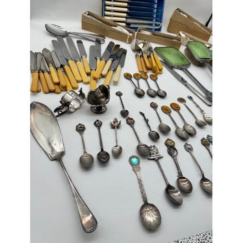 56 - Quantity of vintage silver plate cutlery, salver + some sterling silver handled knives