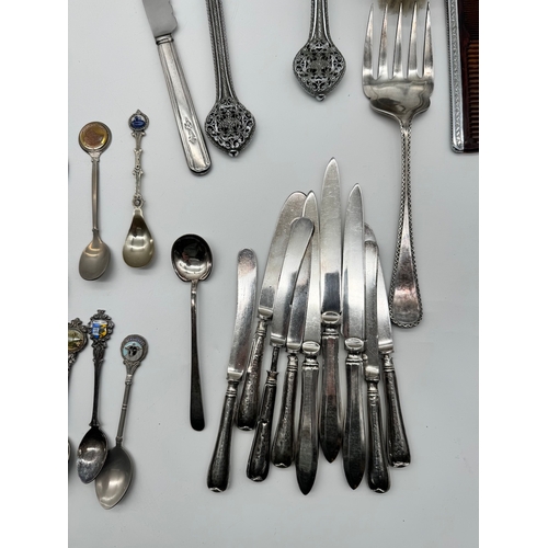 56 - Quantity of vintage silver plate cutlery, salver + some sterling silver handled knives