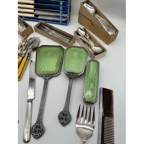 56 - Quantity of vintage silver plate cutlery, salver + some sterling silver handled knives