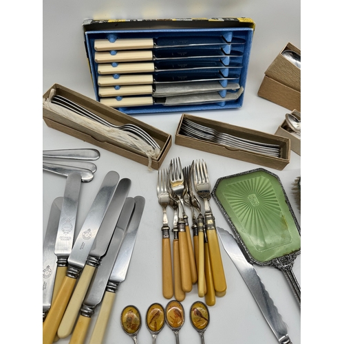 56 - Quantity of vintage silver plate cutlery, salver + some sterling silver handled knives