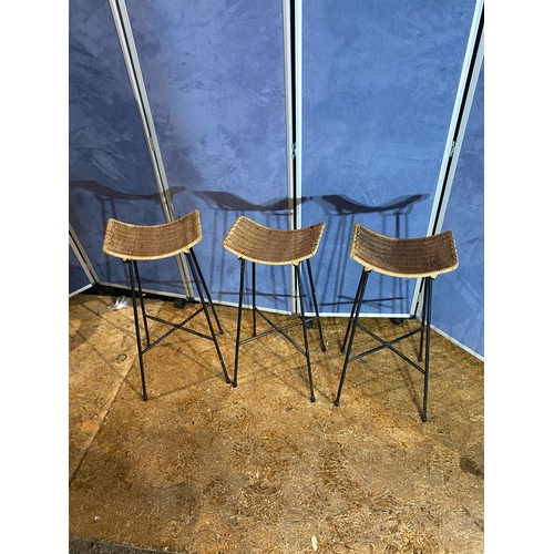 420 - A trio of Mid century Bar stools with cane seats and mental frame. 

Dimensions - 14