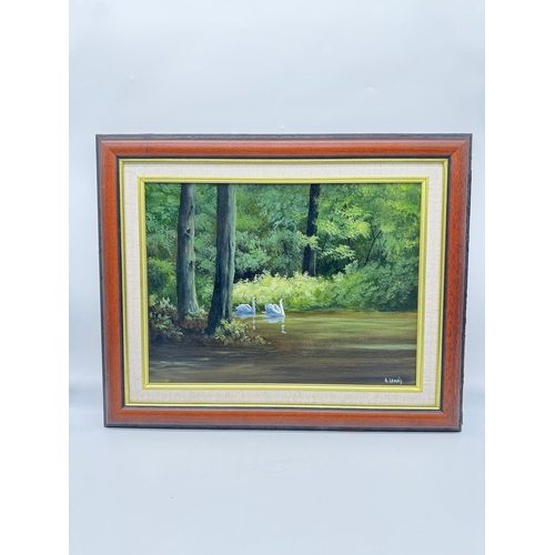 60 - Original Oil on Canvas Two Swans by A Lewis - Frame - 20.5