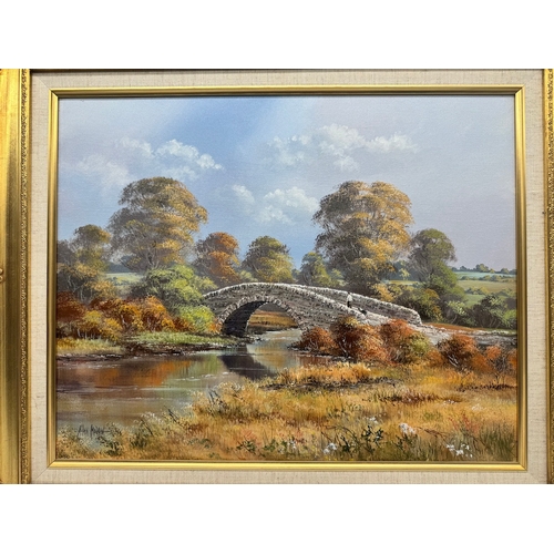 63 - Original oil on canvas of bridge over river by Allan Morgan (b1952)
Frame - 24