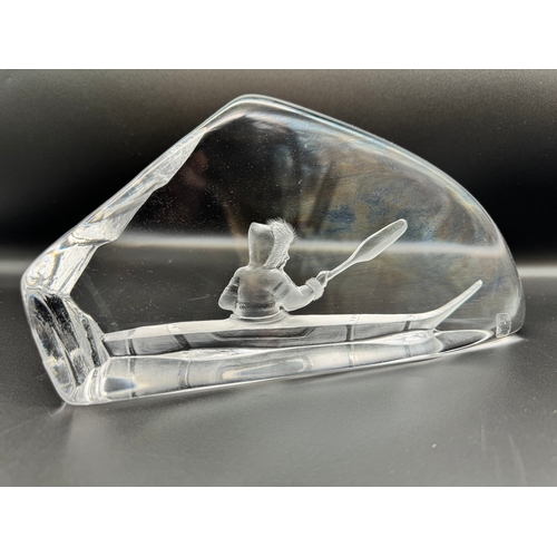 128 - Mats Jonasson Sculptor Art Glass Inuit in Canoe - 25cm