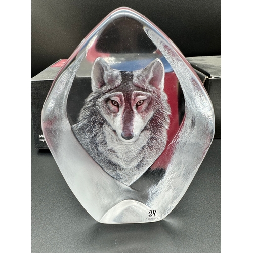 131 - Four Mats Jonasson Art Glass Sculptors including Wolf, Viking Boat, Hedgehog + Signature Bird